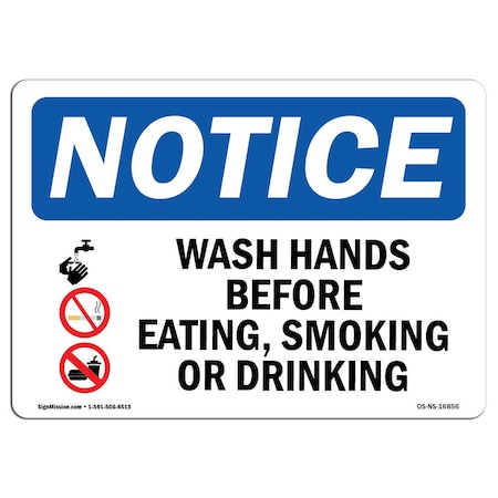 Signmission OSHA Sign, Wash Hands Before Eating Smoking Drinking, 18in X 12in Aluminum, 12" W, 18" L, Landscape OS-NS-A-1218-L-16856